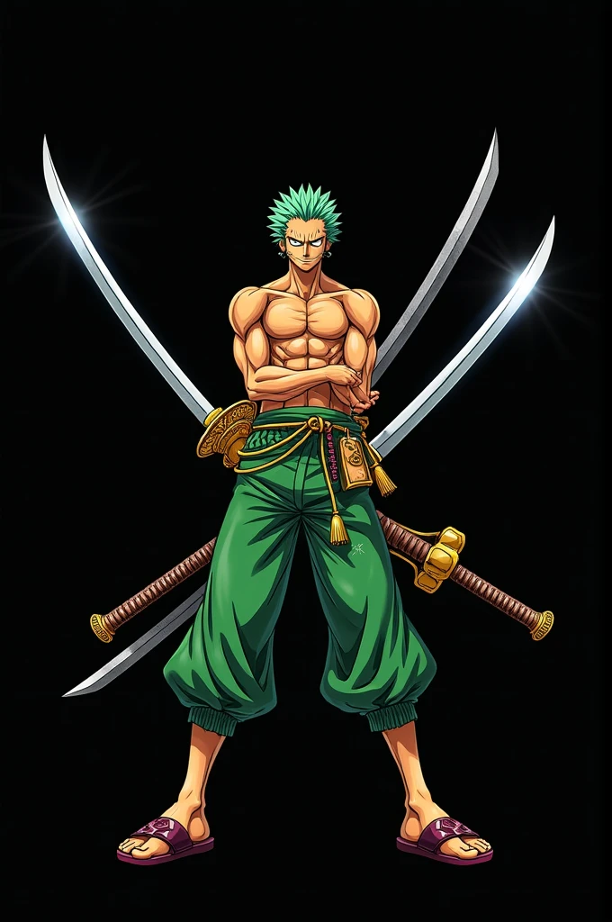 Roronoa zoro holding 3 swords in black background with green court pants with swag