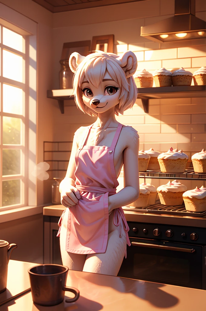 **Prompt:** A beautiful, (masterpiece), high quality, perfect lighting, highly detailed CG Unity 8k wallpaper, high resolution, perfect lighting, youthful, adolescent, slim, skinny, frail slender figure, distinctly feminine figure, narrow hips, close-up shot, big plump breasts, youthful, tall, slim, anthropomorphic polar bear woman, deep black eyes contrasting with fur, gentle smile directed at viewer, distinctly feminine figure, thick, fluffy, volumetric pure white fur, long legs, delicately icing cupcake in cozy bakery, flour dusting muzzle, pastel apron, warm golden light from old-fashioned oven, steam rising from fresh baked goods, vintage decor, cinematic high fidelity 3D CAD model style, pink panties peeking, thighs apart, white bob hair