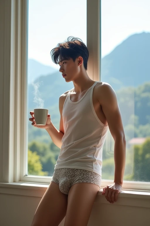 Generate a 64k photo of a handsome, sharp-faced Korean age boy with fair, smooth skin, a well-proportioned physique, and six-pack abs. He's wearing a transparent white tank top and classic patterned underwear. He's standing, holding a coffee cup, leaning against the edge of a window, looking out at a distant mountain view.