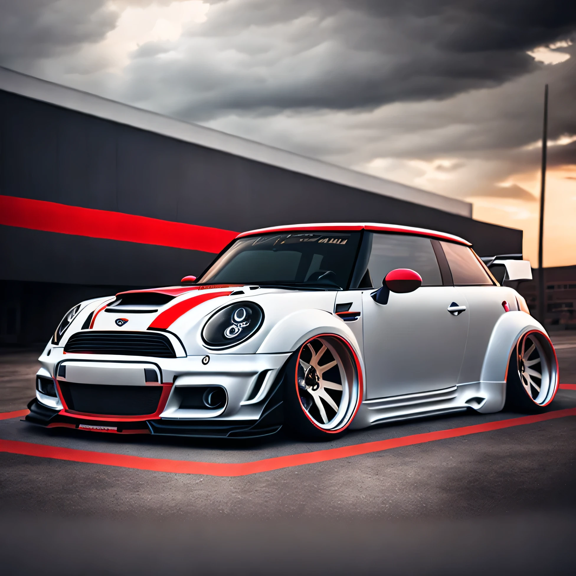 Zephyr Designz splash style Artwork for t-shirt graphic design front profile shot r53 Mini Cooper S matte grey and red colour scheme, Zephyr Designz carbon fibre body kit design, Liberty walk ultra wide body kit, aggressive stance background: racetrack, outside old industrial style building, large windows in background, bright sky, heavy industrial look, 8K quality, realistic, realism, sharp, detailed, ultrawide, ,epic ultra wide body kit, super low stance, aggressive looks , vector image