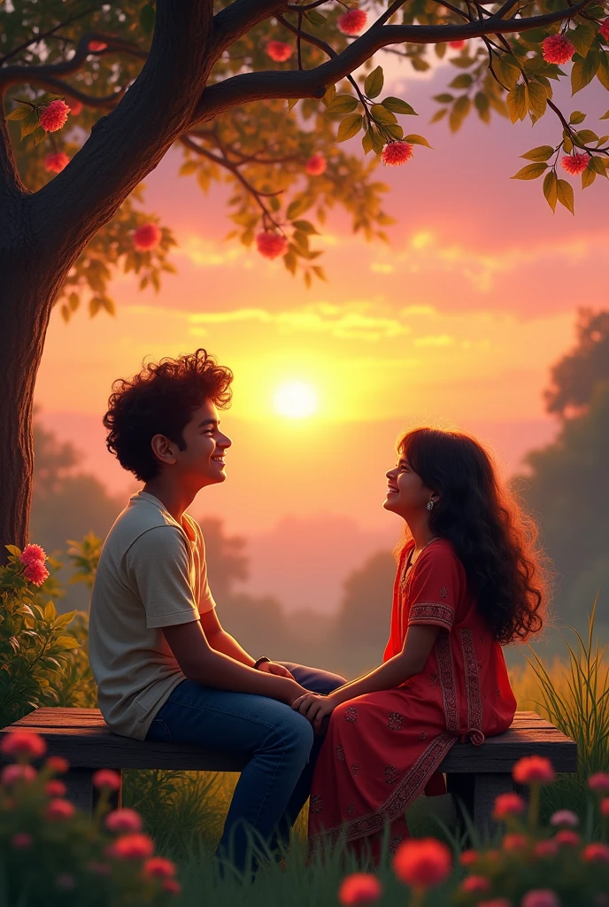 

### Scene Description:

**Setting**: A serene garden during sunset.

**Background**: The sky is painted with hues of orange, pink, and purple as the sun dips below the horizon. Silhouettes of trees and flowers are visible, and the soft glow of the setting sun casts a warm light over the scene.

**Characters**:
- **Indian Boy**: He is wearing a casual t-shirt and jeans, with a friendly smile. His hair is slightly tousled by a gentle breeze. He sits relaxed on the bench, leaning back slightly, enjoying the moment.
  
- **Indian Girl**: She is dressed in a colorful kurta paired with leggings, her hair flowing gently in the breeze. She looks cheerful and engaged in conversation, perhaps laughing at something the boy said.

**Bench**: A wooden bench sits under a flowering tree, surrounded by lush greenery and blooming flowers. 

**Atmosphere**: The overall mood is peaceful and joyful, capturing a moment of friendship or young love, with nature enhancing the beauty of the scene.

### Finding or Creating the Image
You can search for stock images on websites like Unsplash, Pexels, or Shutterstock using keywords like "Indian boy girl garden sunset." Alternatively, you could use digital art tools like Canva or Photoshop to create this scene based on the description. 

If you're looking for something specific or need further assistance, let me know!