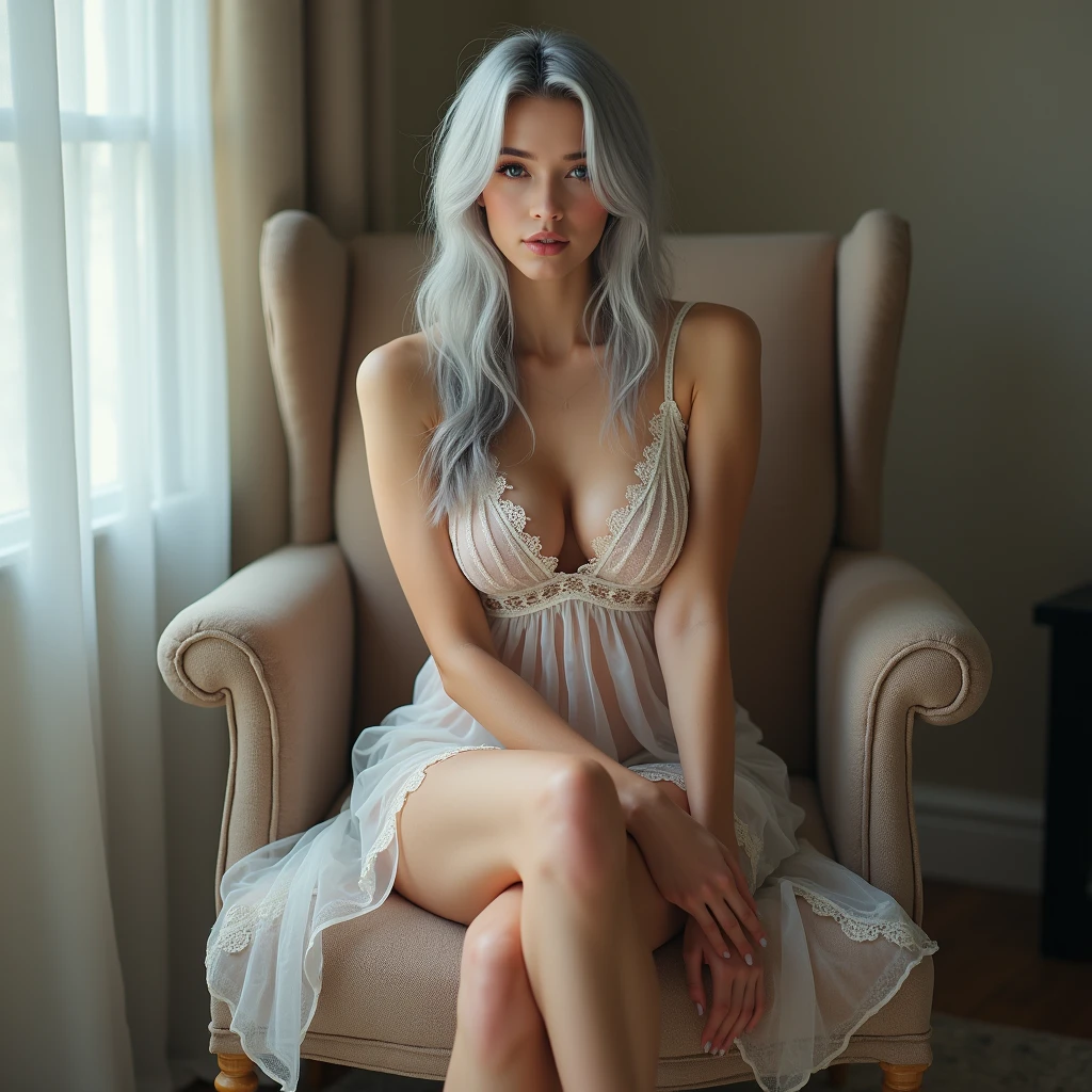 Sublime modèle en robe de nuit courte en dentelle transparente, Silhouette mince, Beaux gros seins, enveloppé dans un voile transparent, beaucoup d’exposition corporelle, image du corps entier tournée vers l’avant, sublimes cheveux longs argentés asymétriques et volumineux, peau blanche translucide, longs cils, tourné vers l’avant et assis sur une chaise en tailleur avec les genoux hautes, tourné vers l’avant et les genoux écartées, lingerie transparente aux couleurs pastel, (mains parfaites, pieds parfaits), courbes sublime d'une muse irréelle, représentation anatomique parfaite,( masterpiece, 16k, hyperréaliste, sensuelle)