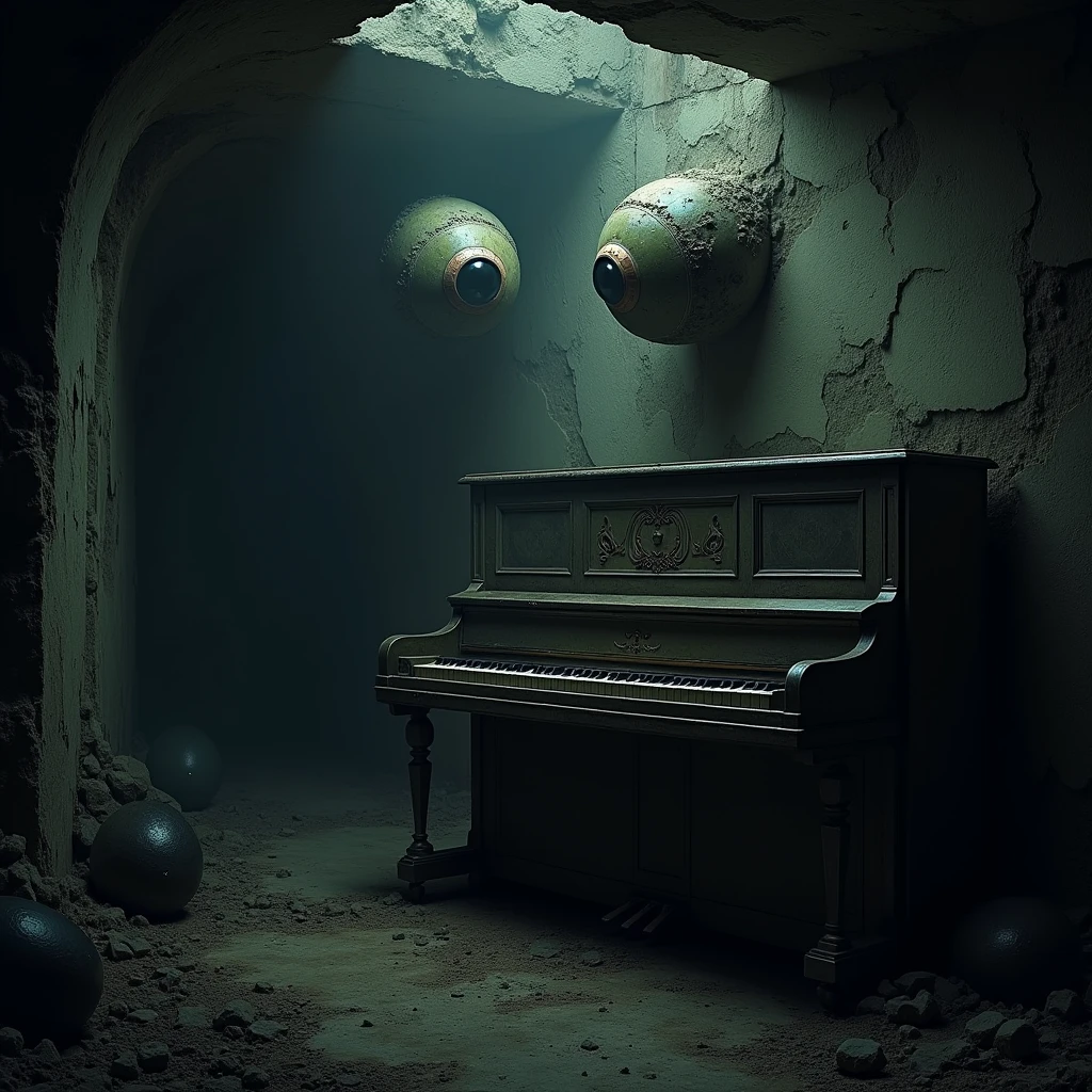 Create a dark wallpaper, underground environment with two menacing and dark eyes hovering in the air, there are ugly, shattered sound clefs everywhere and a decaying piano, corroded and ugly