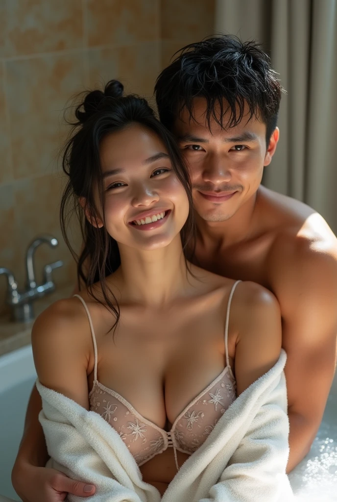 A realistic photo of three Thai siblings. (2 men, 1 woman) A sexy black-haired young woman in a white lace bra is taking a selfie and is clearly seen with her husband and lover., The three of them were excited about the situation and enjoyed the teasing., Another man sitting on the bed, hugging and passionately kissing her. She looked very excited and her breasts were showing..,