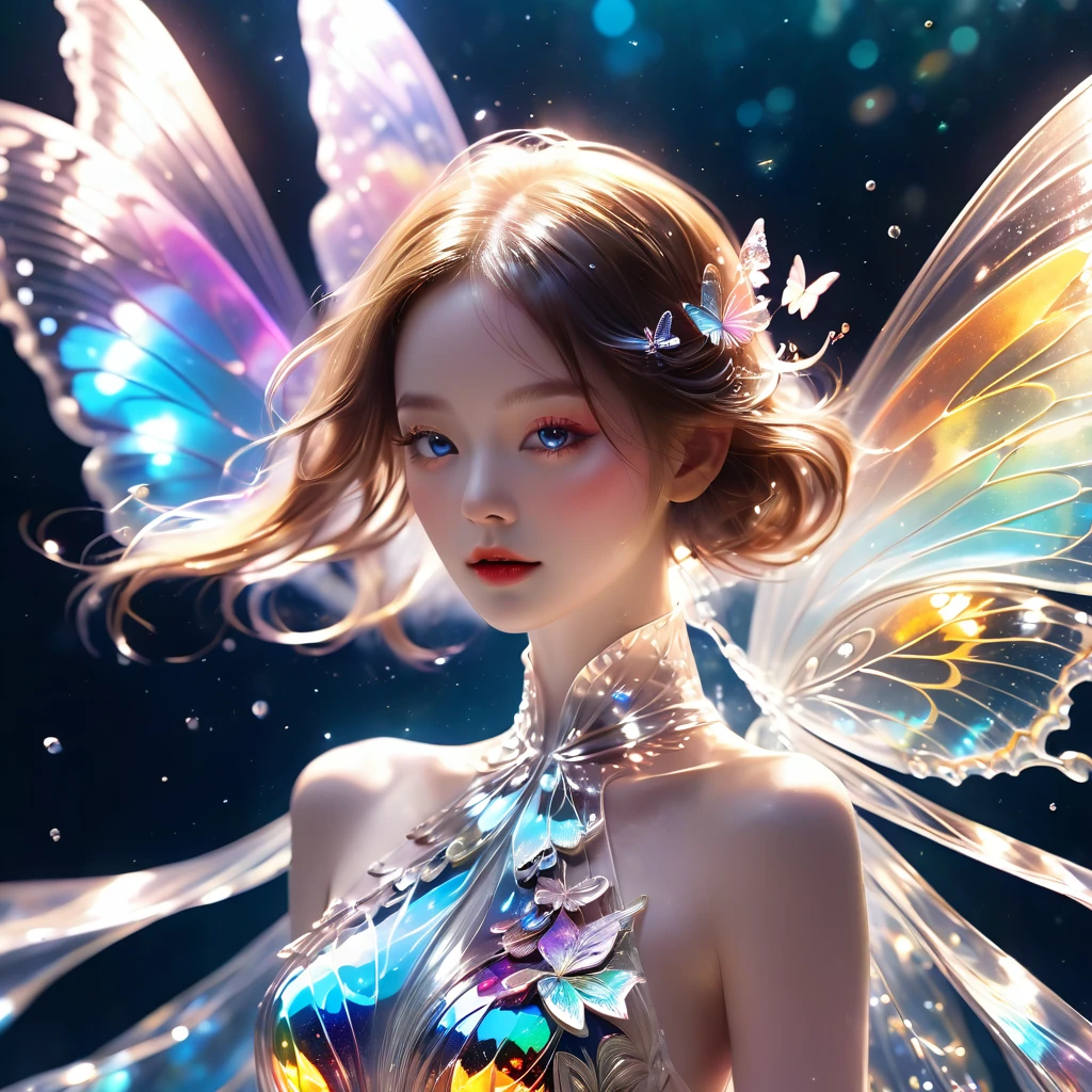 plunge into the sea,(butterfly flapping its wings),light powder,crystal butterfly,butterflies,beautiful wings,transparent body,sparkling crystal,delicate tentacles,colorful,surreal background,ether light,flickering reflection,intricate detail,enigmatic atmosphere,dream-like,intergalactic,cleanness,glinting,glinting,gorgeous,colorful,great cinematography,dramatic lights,photorealistic,ultra-detailed,4k,depth of field,high resolution,zoomout