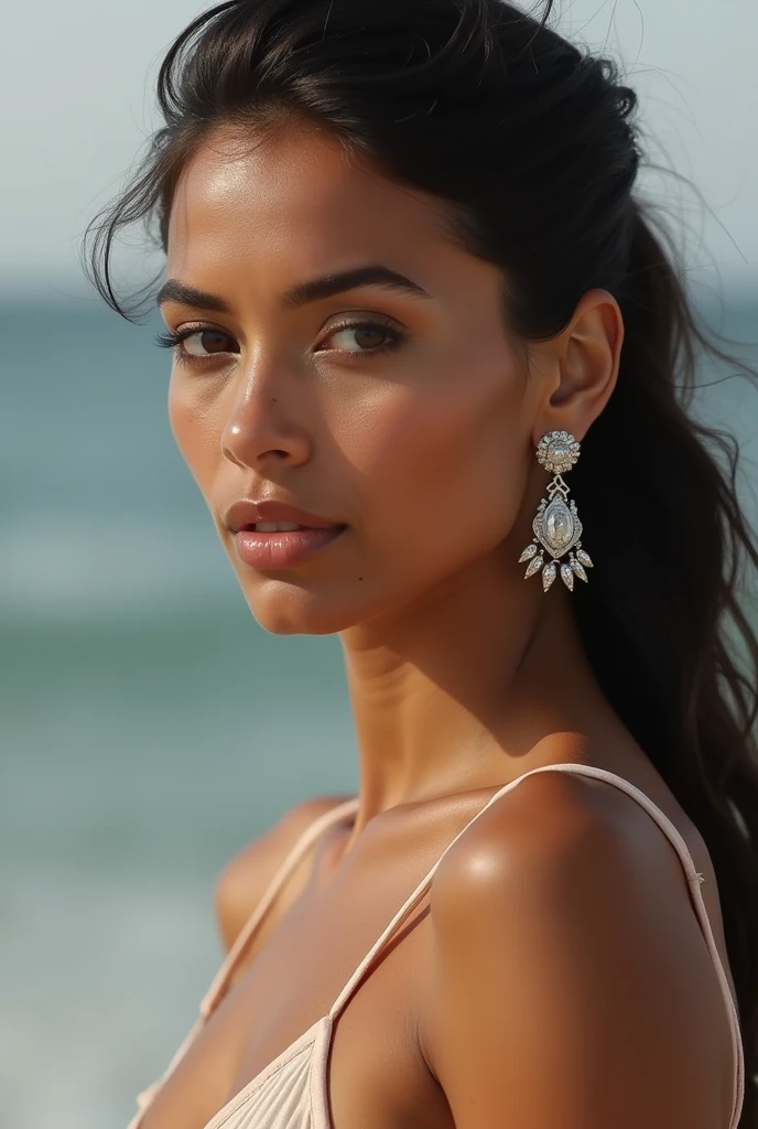head of&#39;artwork, la plus haute qualité, alone, 1 fille, glistening skin, earrings&#39;creole ears, slick hair, attractif, Show off your shoulders, Transparent Ran Camisole, Professional Model, front, Portrait ，street style