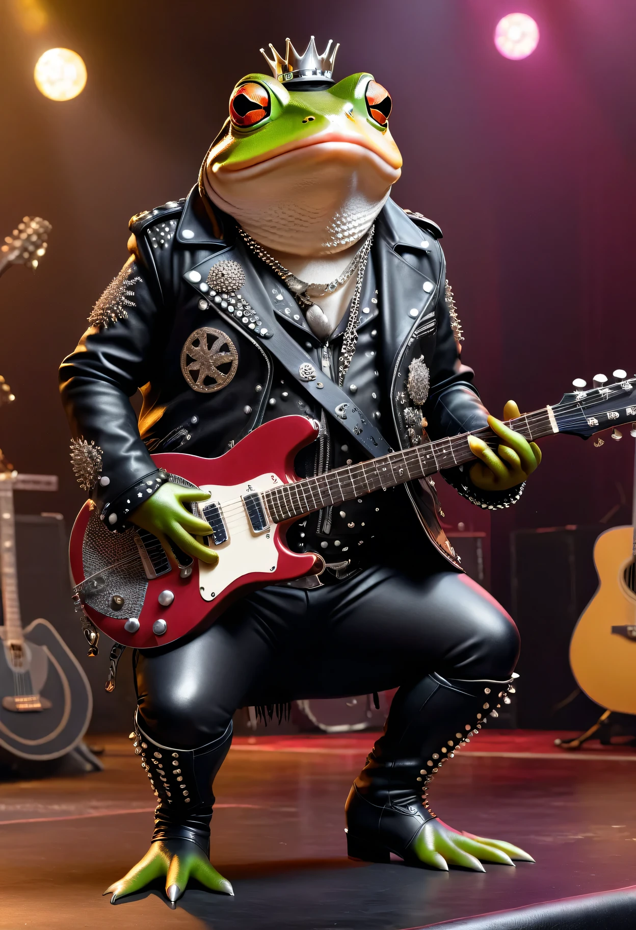 photorealistic portrait of Dressed animals - a ((fat) frog punk-rocker, (full body image:1.5),,(holding a guitar:1.5), Wearing a tailored black leather jacket featuring intricate silver stud patterns reminiscent of sacred symbols, leather boots, adorned in a modern punk-rock ensemble,, detailed and opulent description of modern punk-rock style, stage lighting, intricate ornate accessories, stage background ,score_9, score_8_up, score_7_up, score_6_up, score_5_up, score_4_up,