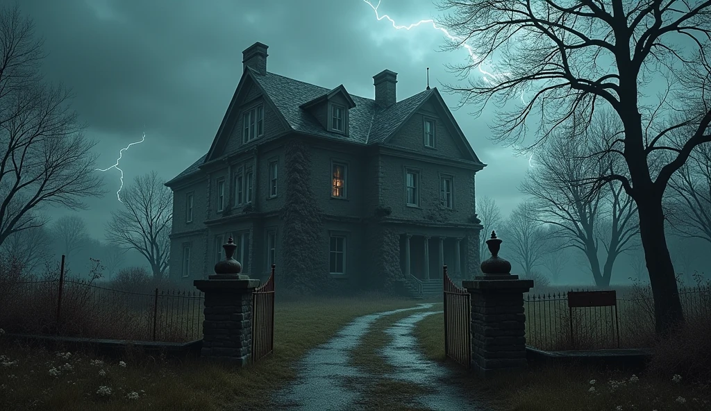 Old, decrepit mansion in the countryside, labeled "The Cursed Mansion"