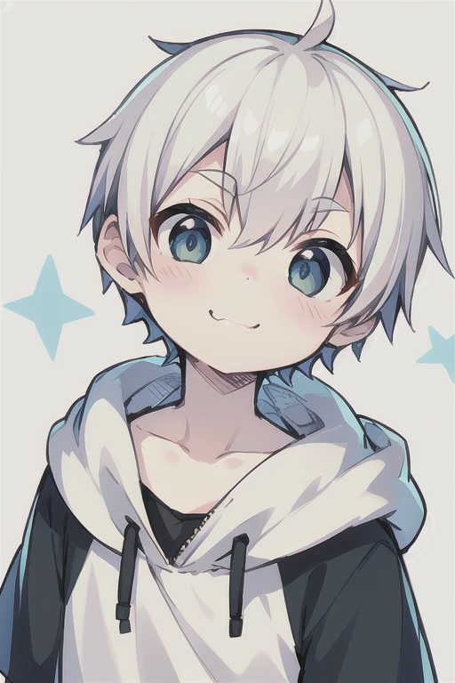 Highest quality, (high quality),eye highlights,arms are thin, thin body,face,from front,(portrait),look at viewer,droopy eyes,very happy smile,Pouting mouth,open your mouth and laugh,(((chilled boy))), (1 boy),(white hair),((short hair)),parka,star background ,illustration,anime style, 