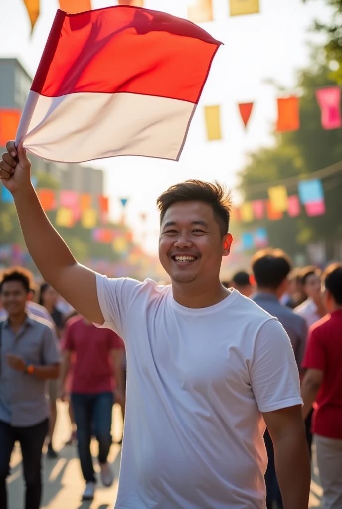 25 year old fat man,korean face,holding the Indonesian red and white flag