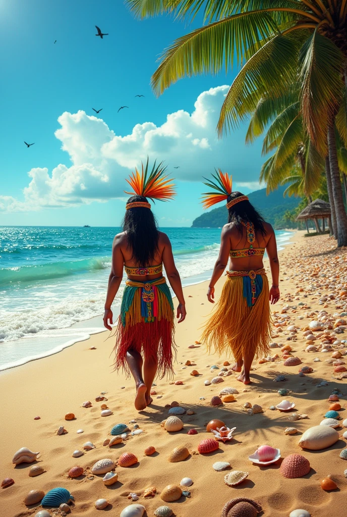 native Brazilian Indians on a beach on a sunny morning with many shells on the ground , searching for shells on the sand