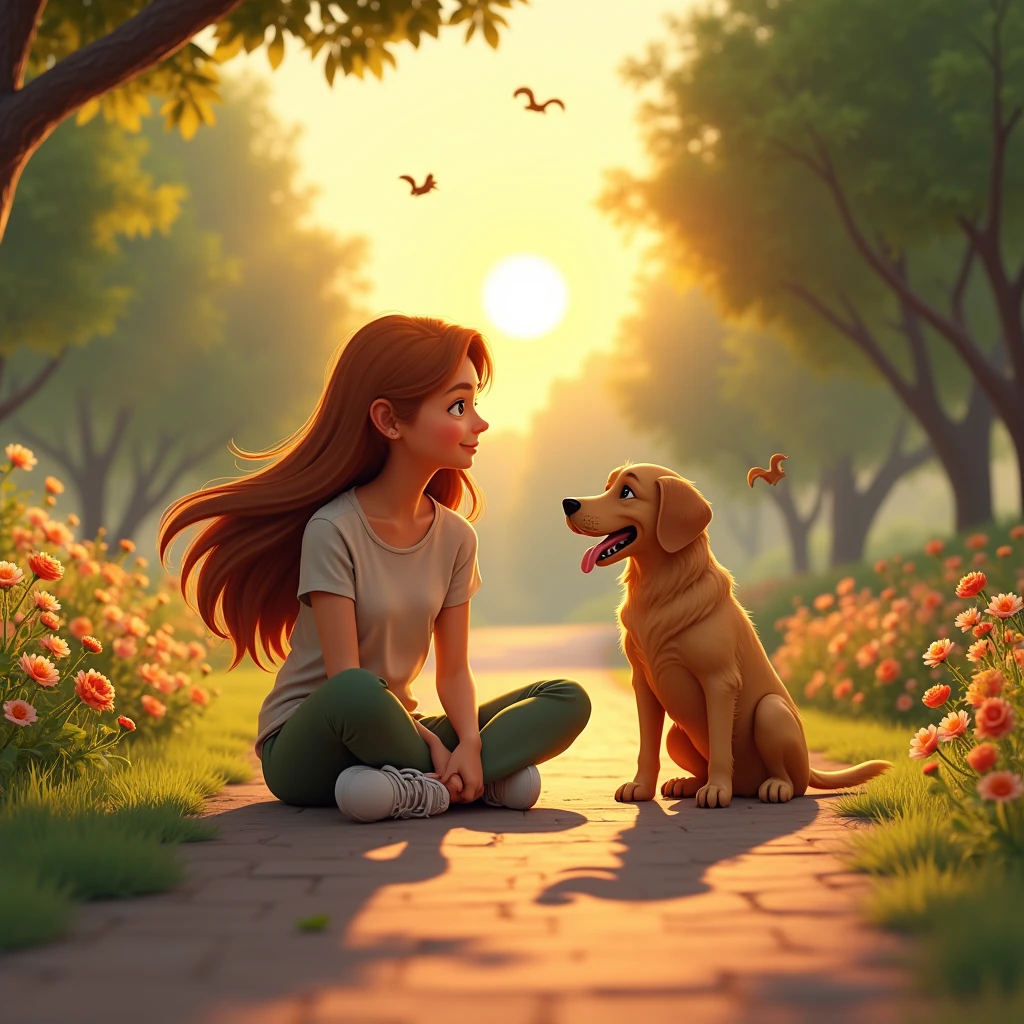 An 22 year old girl sitting on the jogging with her dog in a park animated ,3d render in  sun set wearing trouser and shirt 