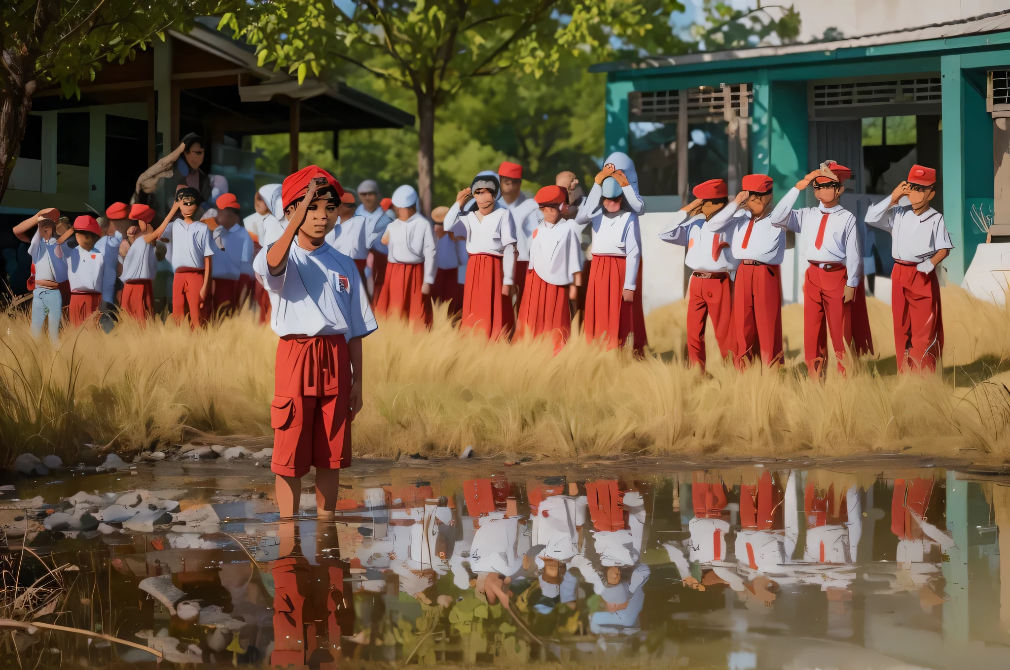 3d cartoon caricature, An Indonesian elementary school boy is raising his hand to his Temples of the head, a gesture of respect, behind him there are male elementary school students wearing red hats and female elementary school students wearing white hijabs, a ceremony,The attitude of respect looks upwards, 3D render, 3D Cartoon, big head, cartoonish look, high resolution, super detail, soft lighting
