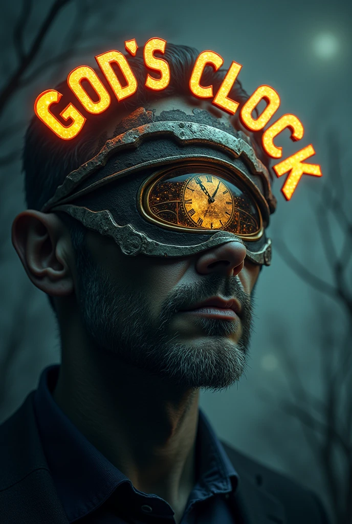 (photorealism:1.2), God's Clock, "God's Clock", text saying God's Clock, 3D Text, a man's scary left eye replaced with a metallic clock, only show eye in image
