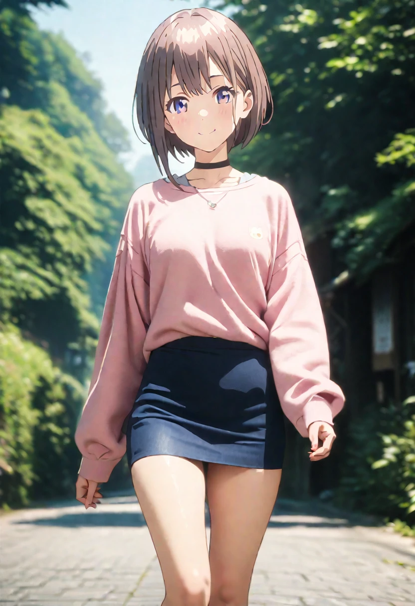 (Highest quality, 4K, 8k, High resolution, masterpiece:1.2), Very detailed, Picturesque, Anime style photo, Photo Anime:1.37)、Japanese、(Pink pixie cut)、smile、Light blue blouse、、Hip LengthPencil skirt、Black choker、whole body、ichika nakano