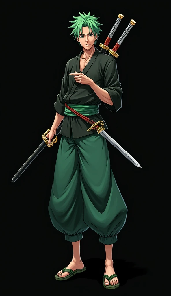 Roronoa zoro holding 3 swords in black background with green court pants with swag
Also conquer haki