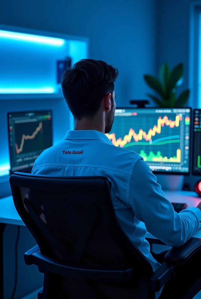 Trader wearing a shirt with Toto Gozali written on the back,sitting on a chair facing the computer looking at the chart