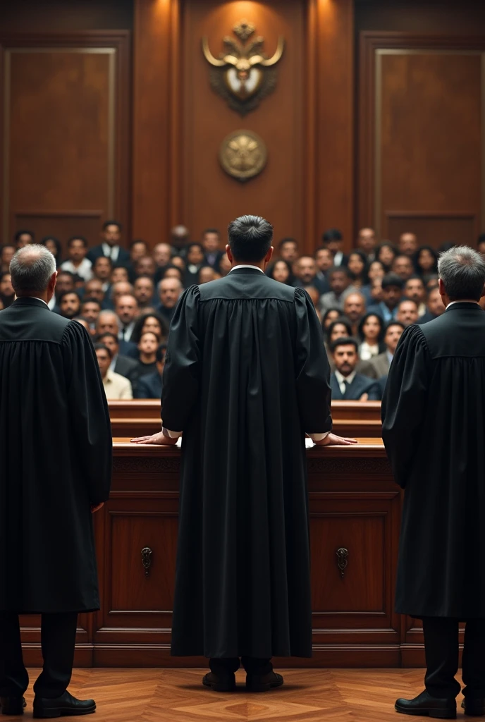 Mobile Courts' proceeding happening with Judge wearing black in centre listening and advocates also wearing black coat in left & right of judge arguing; with Indian audience in background. 