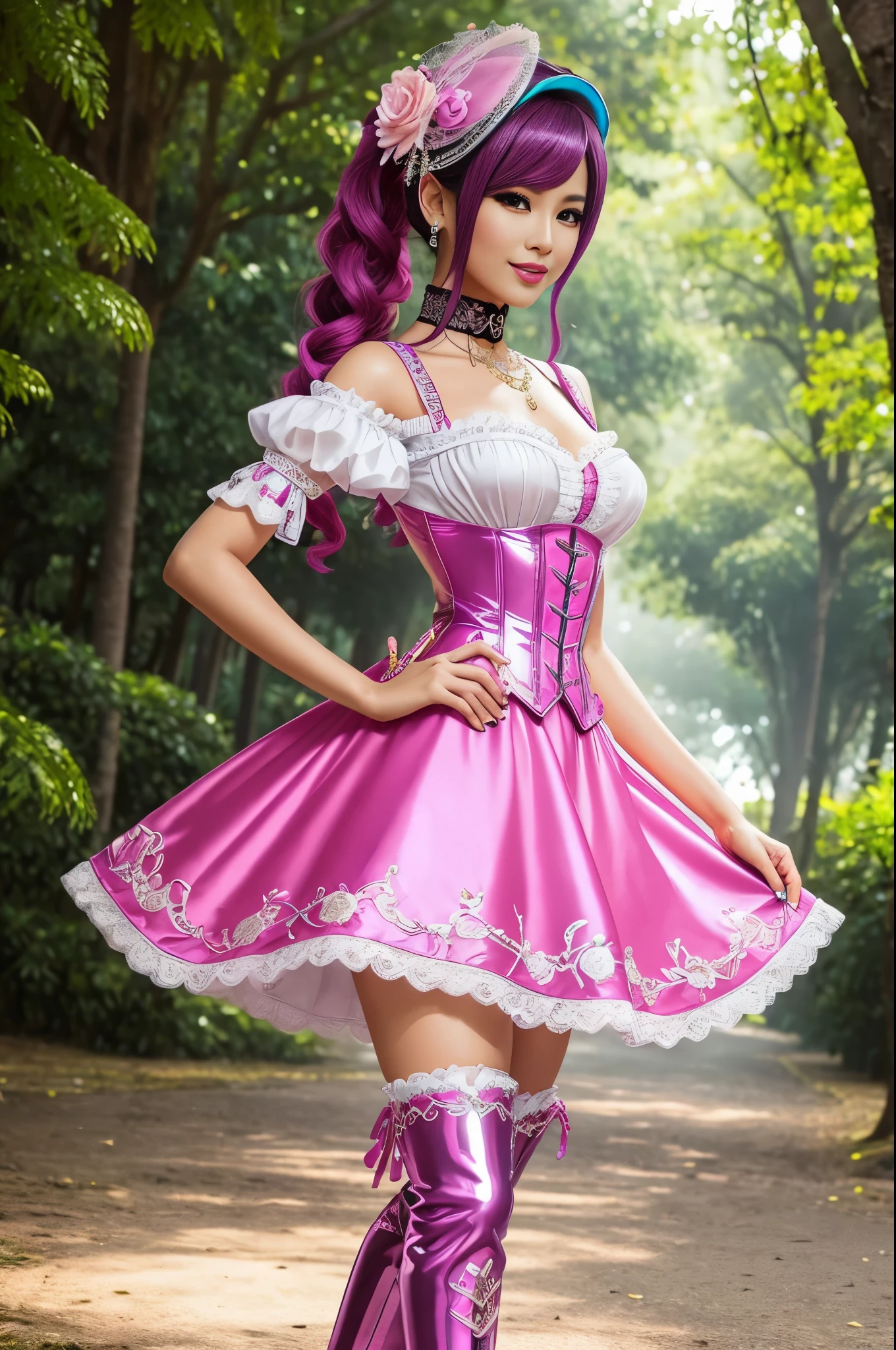 sexy stylish Thai model, only 1 female, long neon pink stylish hair, ((shiny Victorian-Style boots)), beautiful smile, ultra detailed eyes, vivid eye makeup, lipgloss, long lashes, defined eyebrows, ((sexy Paradise Kiss cosplay)), bell-shaped skirt, petticoats, high neckline, puffed sleeves, (( ultra detailed lace)), ((ultra detailed embroidery)), intricate details, Paradise Kiss accessoires and matching headpiece, choker, ((large sparkling Paradise Kiss jewelry)), cinematic light, detailed large park background with trees