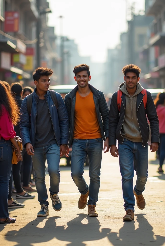 3 Nepali college student boys walking on the street of kathmandu  in the traffic crowd of buses and in the same place girls taking buses to go home
