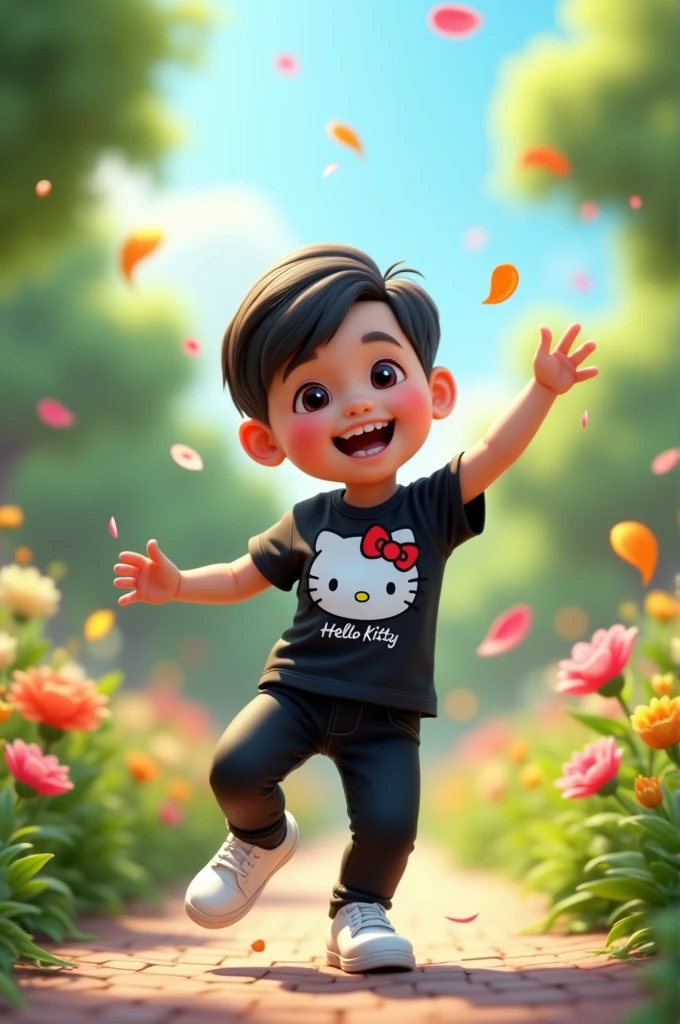 cute little Indonesian boy tries to twist dance. He was wearing a black hello kitty t-shirt and black pants. white shoes she makes a funny face. 3D, HD