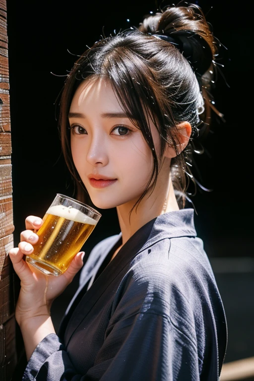 (20 year old beautiful girl),solo, masterpiece, High resolution, High detail, Highest quality, Very detailed, Ultra high definition, Textured skin, , Cinematic light effects, ((realism)), ((Surrealism)),8k octane, Portrait Photography, Black Hair,yukata,drinking beer,happiness/joy,, Wet Hair, Bun Hair,