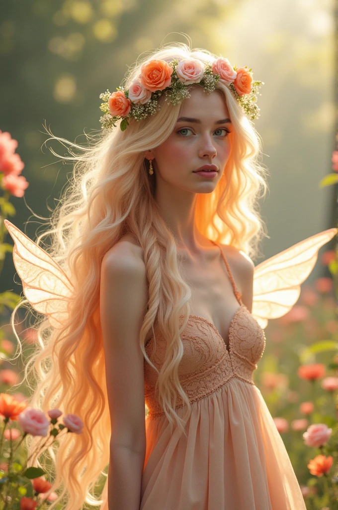 Floriel has delicate peach-colored hair and skin, giving her a soft and ethereal look. Her eyes are a warm peach hue, reflecting her gentle nature. She wears a flowing gown made of translucent, peach-colored fabric that resembles blooming flowers. Her accessories include floral headpieces and delicate, fairy-like wings, embodying the renewal and beauty of spring.