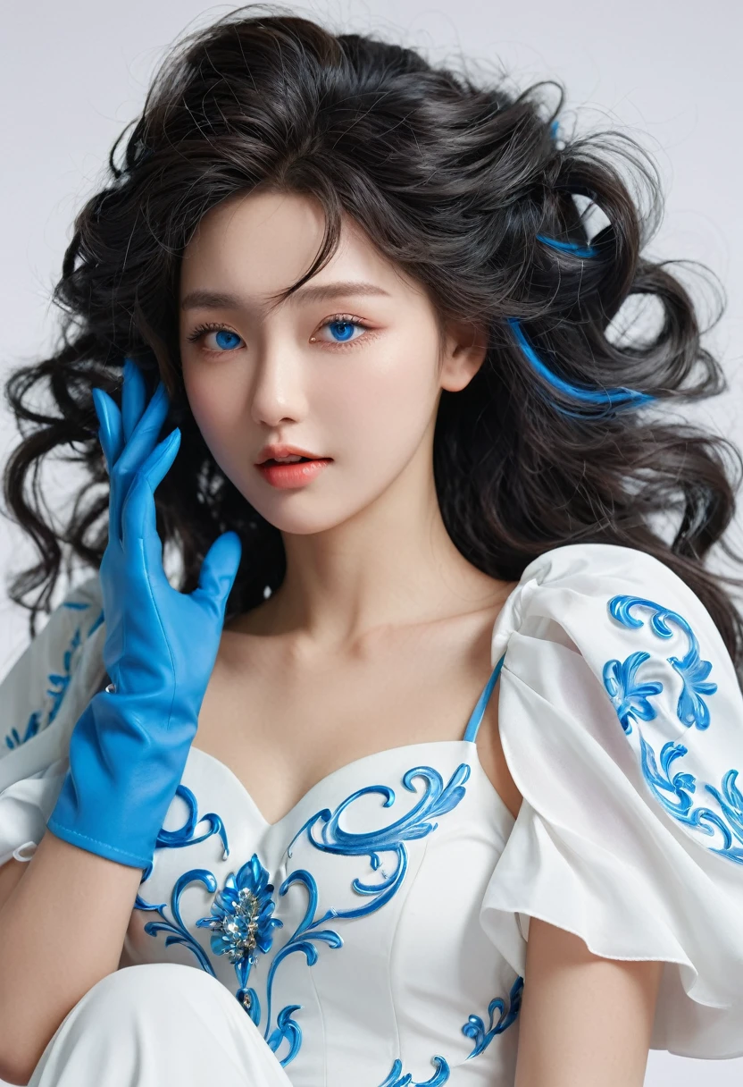 korean,realistic, masterpiece, final details, photo realistic, intricate details, octane rendering, 8k, 1 girl, perfect face, pretty face, NSW Sports Federation, Slot Reference, detailed hair,, black curtsey, black Gloves, black legs, blue eyes, blue hair, curtsey, clavicle, skirt, Drilling hair, flounce, flounce, Gloves, Gwen, headskirt, high resolution, long hair, open your mouth, puff sleeves, purple eyes, laugh, lonely, white skirt, oily skin,