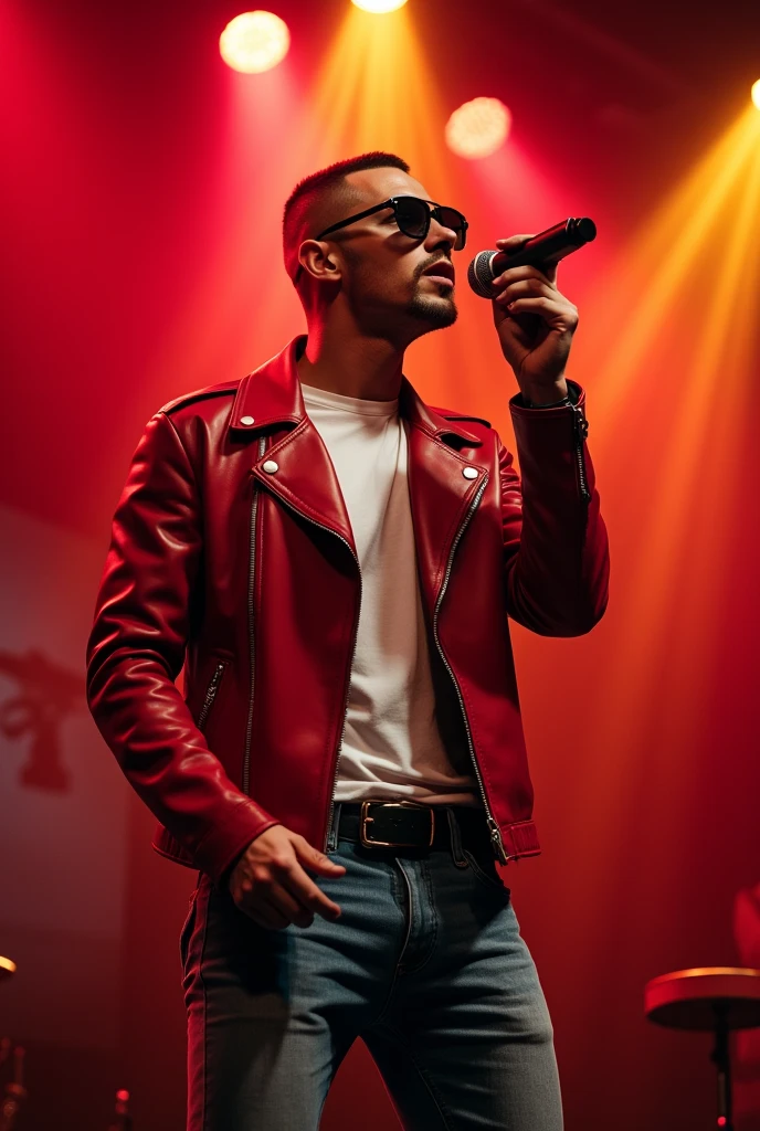 Handsome man crew cut hair wearing sunglasses, red leather jacket and white shirt and jeans, singing on the stage, red and yellow spotlight, karaoke atmosphere 