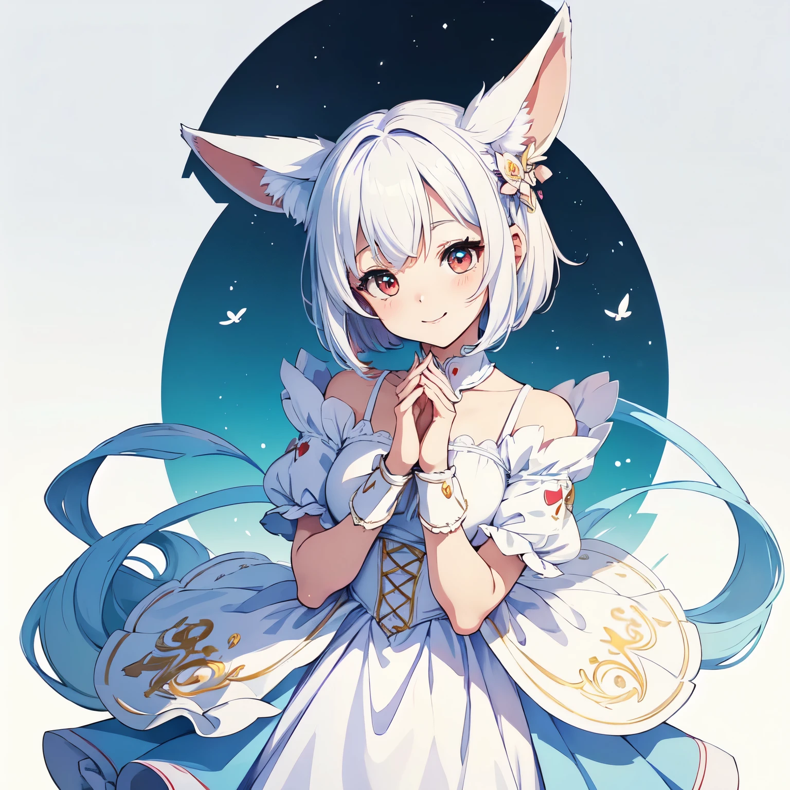 anime style, cute small white rabbit, ((own hands together and smile and head tilt))), 1girl, (((chibi))), red eyes, tall ears, bob hairstyle, large face, short stature, wearing a light blue dress, (best quality,4k,8k,highres,masterpiece:1.2), intricate details,highly detailed,exquisite,stunningly beautiful,vibrant colors,soft lighting,fantasy,magical realism,((white background)) (simple background),