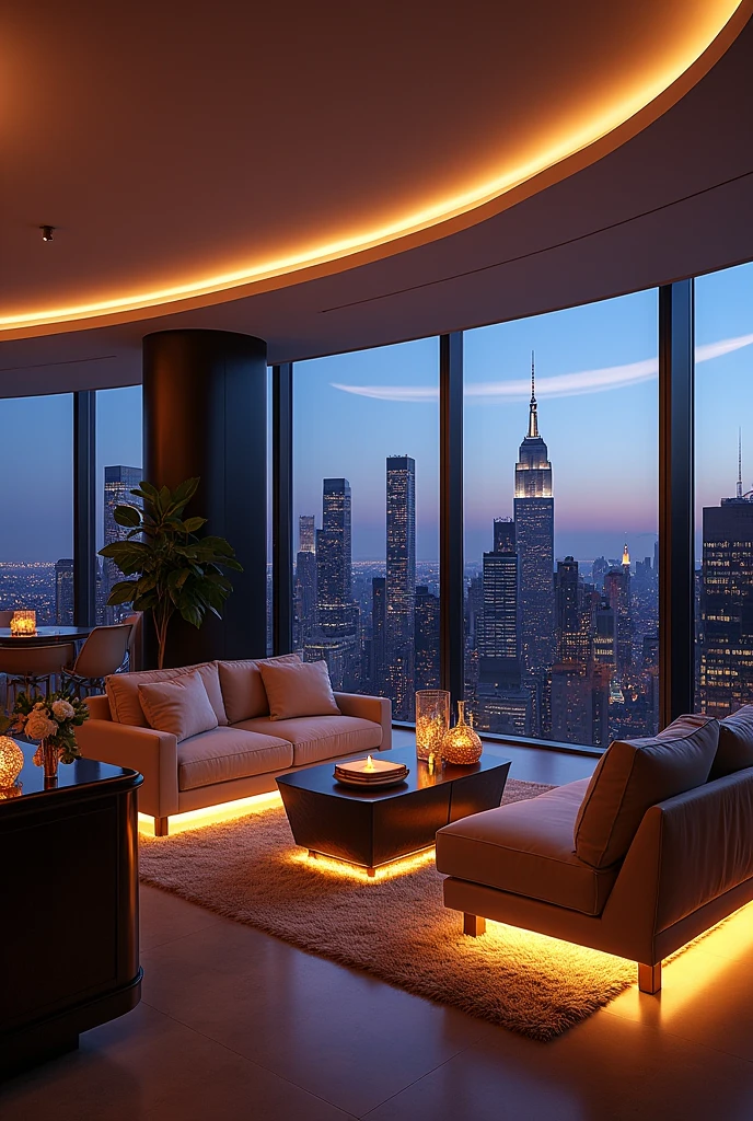 Imagine a really nice penthouse with LEDs, Evening and view of the skyline of New York