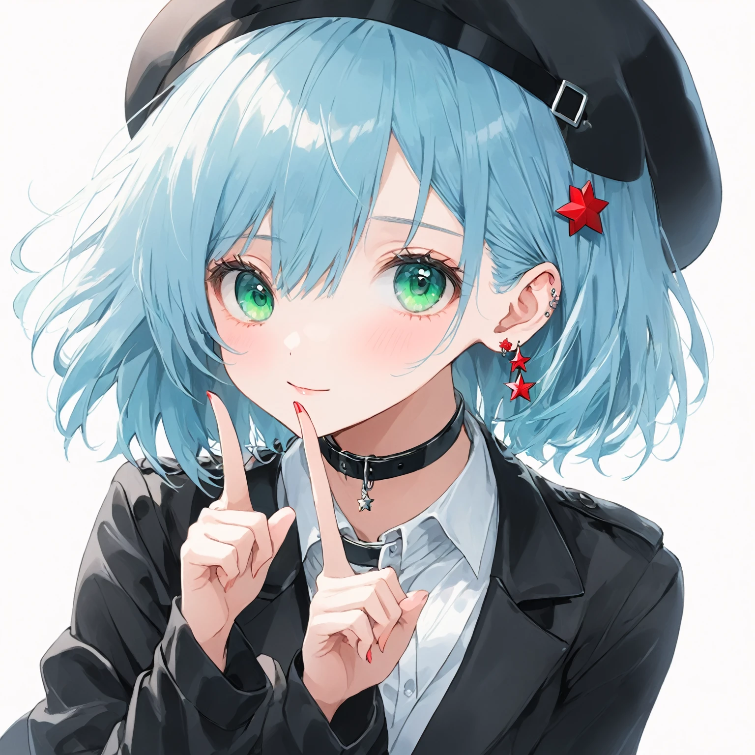 Light blue hair、An anime girl wearing a black beret points her index finger at her cheek、Anime Moe Art Style, short hair, High quality anime art style, 2D Anime Style, Cute girl anime visuals, Portrait of, Anime Style 4k, アニメ風Portrait of, Anime portrait、White shirt、Black jacket、Black collar、Emerald green eyes with red highlights、The inside of the hair is pink、Red star-shaped earrings、smug face