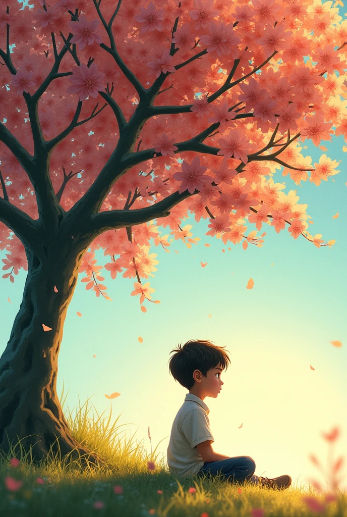 Realistic image of a nine-year-old boy alone and thoughtful, focusing on his imaginative gaze under the shade of a small fruitless tree, fruits or flowers, more than there are leaves.