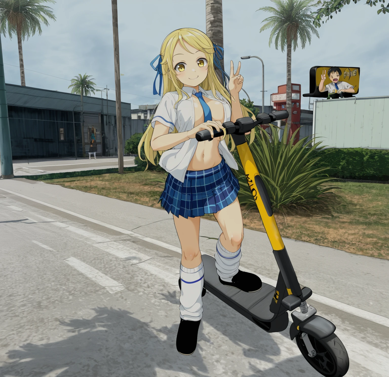 Female 1、A woman is riding a kickboard.、Making a peace sign、No bra、Blue tie、A man is wearing a white shirt with the front open、Blue plaid skirt、White socks、Black leather shoes、smile、Yellow and black kick scooter