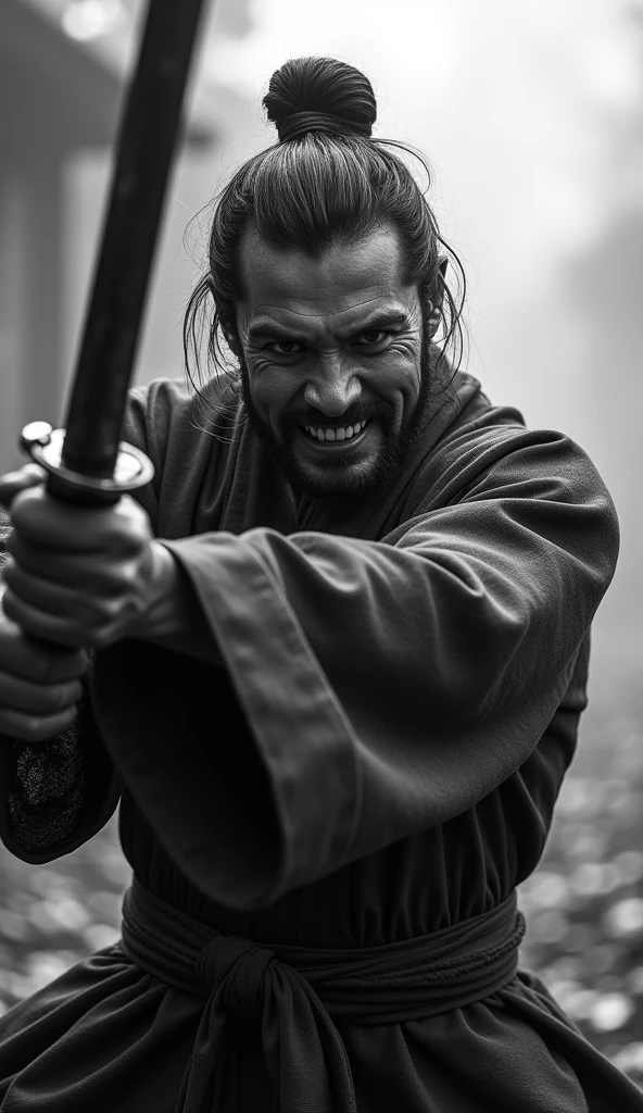 professional Black and white photography, samurai movie poster, A man swinging down a sword, holding a katana, a samurai, Miyamoto Musashi, samurai man vagabond, Ronin, Japanese warrior, A murderous expression with clenched teeth, Yojimbo, Akira Kurosawa, background is Deserted Village, bokeh effect, depth of field, hyper Realistic, Professional photography, Cinema Lighting