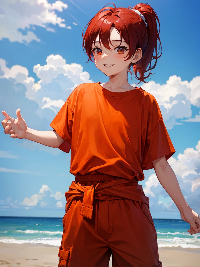 A 10-year-old boy with short red hair tied in a small ponytail, wearing an orange shirt and holding his hands behind his back, smiles sweetly from the waist up.