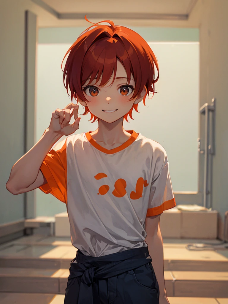 A 10-year-old boy with short red hair tied in a small ponytail, wearing an orange shirt and holding his hands behind his back, smiles sweetly from the waist up.