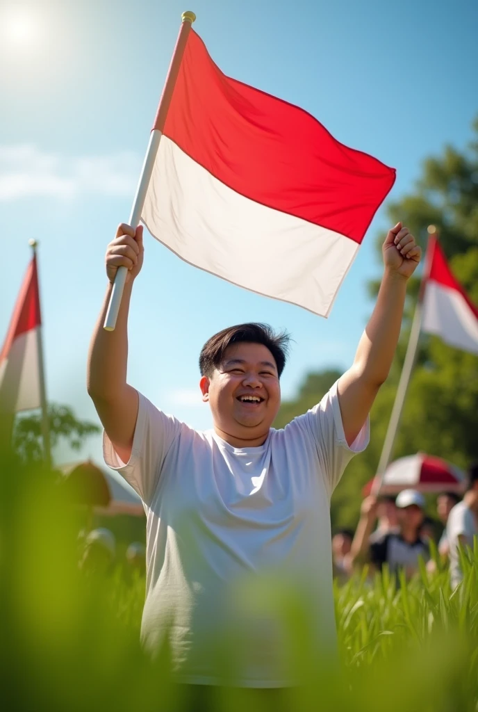 20 year old fat man,korean face,holding the Indonesian red and white flag