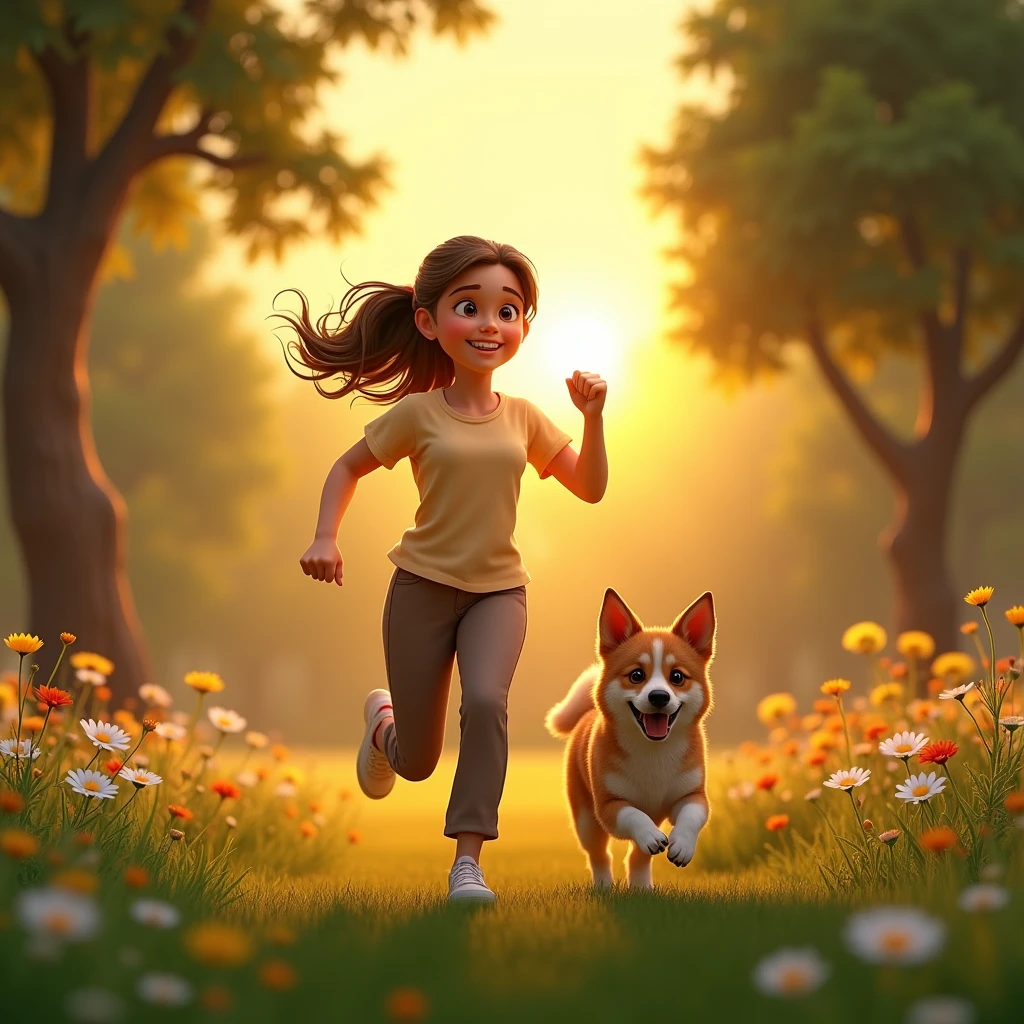 An 22 year old girl on the jogging with her dog in a park animated ,3d render in sun set wearing trouser and shirt