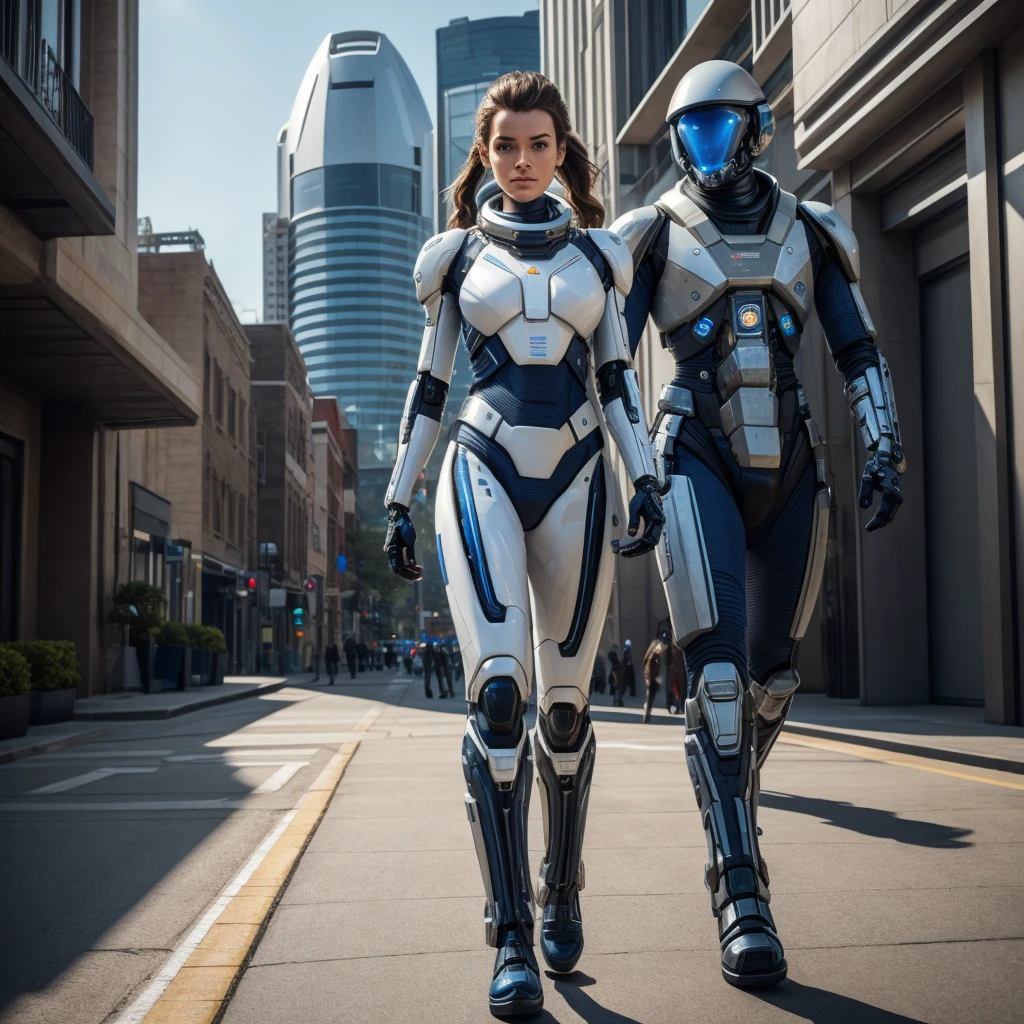 
a woman in a futuristic uniform of the interstellar fleet academy walking down a street of a planetary colony with a humanoid cyborg at her side,hyper-realistic,  hyperdetailed, intricate details 