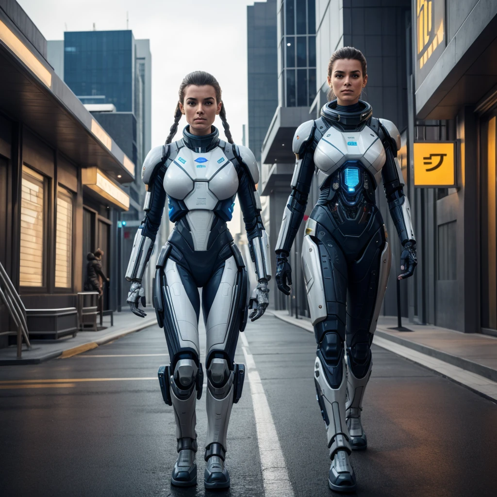 a woman in a futuristic uniform of the interstellar fleet academy walking down a street of a planetary colony with a humanoid cyborg at her side,hyper-realistic, hyperdetailed, intricate details