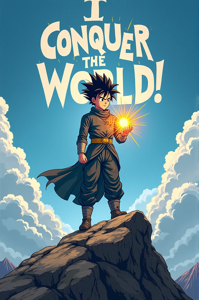 A young hero with spiky hair and determined eyes stands on a mountaintop, holding a glowing orb in their hand.  They are surrounded by swirling clouds, and the words "I Conquer the World!" are written in a bold font in the background. Use manga comics