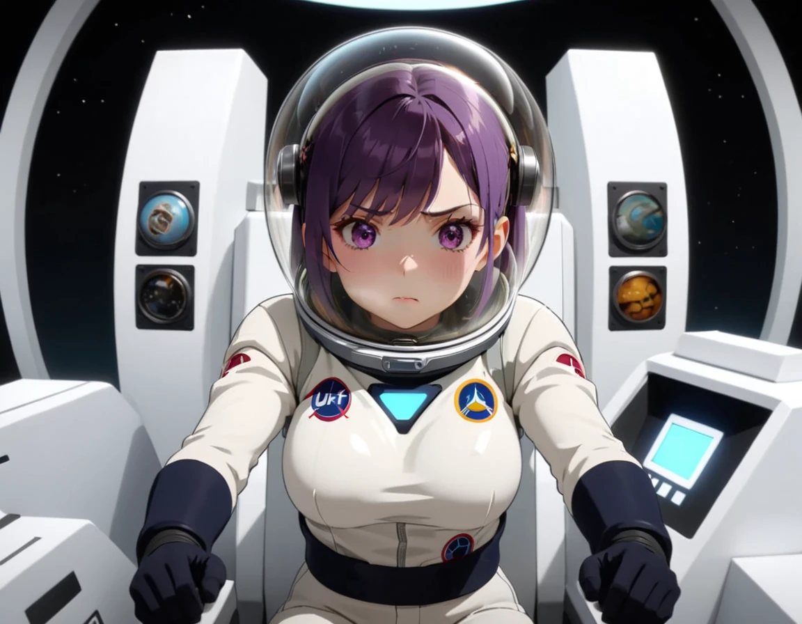 eva helm, spacesuit , astronaut), , hair, bubble helmet, space helmet, (1girl:1.1) wearing a (spacesuit:1.15), white cargo pants, (ugh, wtf do these buttons do:1.3), inside the cockpit of a (futuristic spaceship:1.1), sitting in the captains chair, (intricate control panels:1.3), (gleaming metal:1.1), surrounded by many buttons and dials and gauges, (confused:1.3), (worried expression:1.1), (nervous:1.1), concerned, beautiful 8k wallpaper, highly advanced, (sleek design:1.3), intricate, highres, superb, 8k wallpaper, extremely detailed, intricate, above, keqing