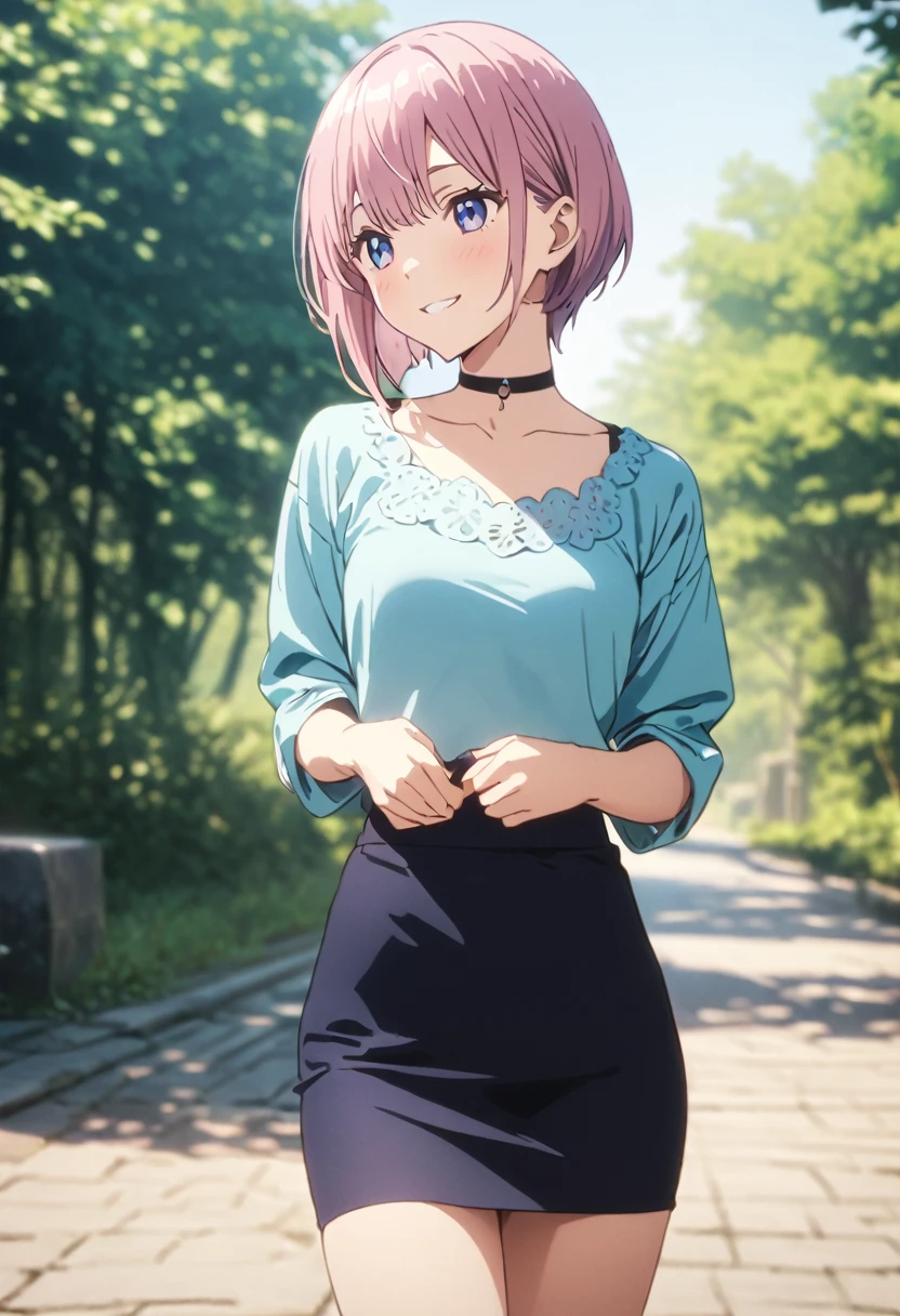 (Highest quality, 4K, 8k, High resolution, masterpiece:1.2), Very detailed, Picturesque, Anime style photo, Photo Anime:1.37)、Japanese、(Pink pixie cut)、smile、Light blue blouse、、Hip Length、Pencil skirt、Black choker、whole body、ichika nakano
