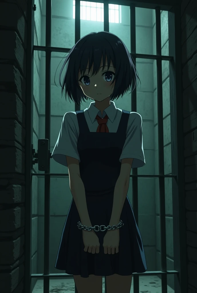 制服を着て立っているhigh school girl, her hands bound by handcuffs、Bound in chains, The girl is standing in the prison cell.,high school girl,shoplifter,