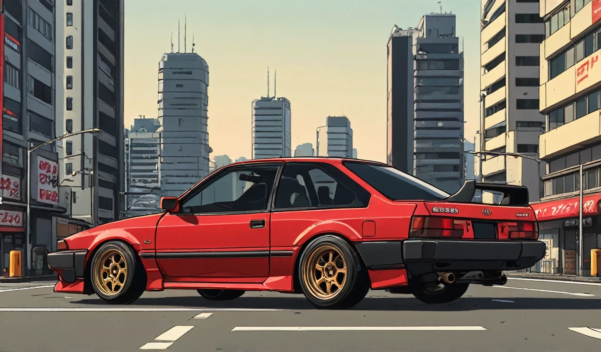 toyota levin te71 red parked in japan city, JDM drift, 80s japan, (front photo:1.2), skyscraper in background, back front view, simple anime style, 2D, celshading, thick lineart, heavy black ink lines, posterized, flat color, celshading, toonshading, Cartoon Rendering, Flat Shading, Graphic Novel Style, minimal shading, flat shading, hard color shading