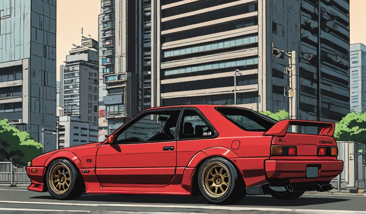 toyota levin te71 red parked in japan city, JDM drift, 80s japan, (front photo:1.2), skyscraper in background, back front view, simple anime style, 2D, celshading, thick lineart, heavy black ink lines, posterized, flat color, celshading, toonshading, Cartoon Rendering, Flat Shading, Graphic Novel Style, minimal shading, flat shading, hard color shading