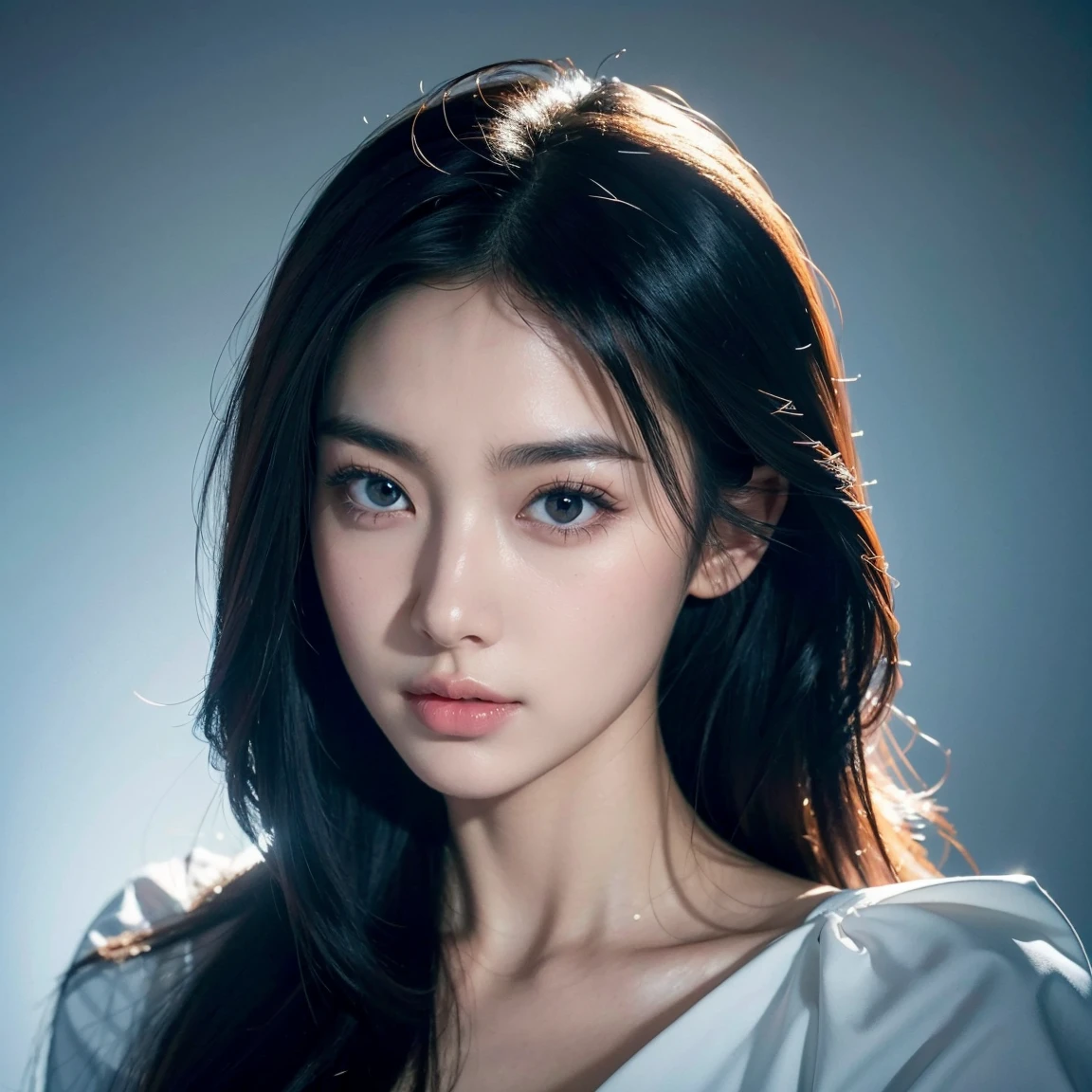 american chinese model, slim face, black wavy hair, sharp eyes, natural light, 21 years old, Head and shoulder portrait, Two eyes facing the lens, close-up of face, ((1 girl, Show half Body)). Ultra HD, Ultra-detailed, Highly Detailed, Ultra High Realistic, Ultra-realistic, Masterpiece:1.5, illustration:1.1, best quality:1.5, realistic, photorealistic, fine detail, perfect detail, sharp color, 4k, 8k, HDR, sharp focus, smooth detail, high resolution. (Anatomically Correct), (Detailed Realistic Skin Texture). slim body. A beautiful woman wearing long sleeves, Long black hair with bangs, Beautiful face, closed mouth, closed lips, detailed face, Beautiful eyes, perfect symmetrically perfect eyes