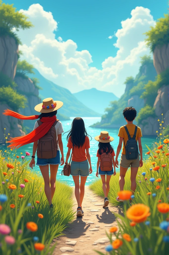 create a pic of four of us heading towards dharaborshar chor with issa vau