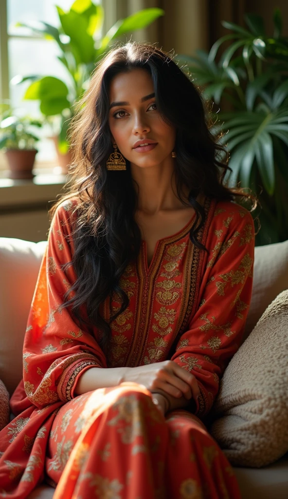 beautiful and hot indian woman, sitting on sofa, wearing indian kurti, long curly hair, outdoor, soft lighting, plants in background, window with sunlight, cozy room, relaxed pose, realistic, intricate details, with 32D breast size 